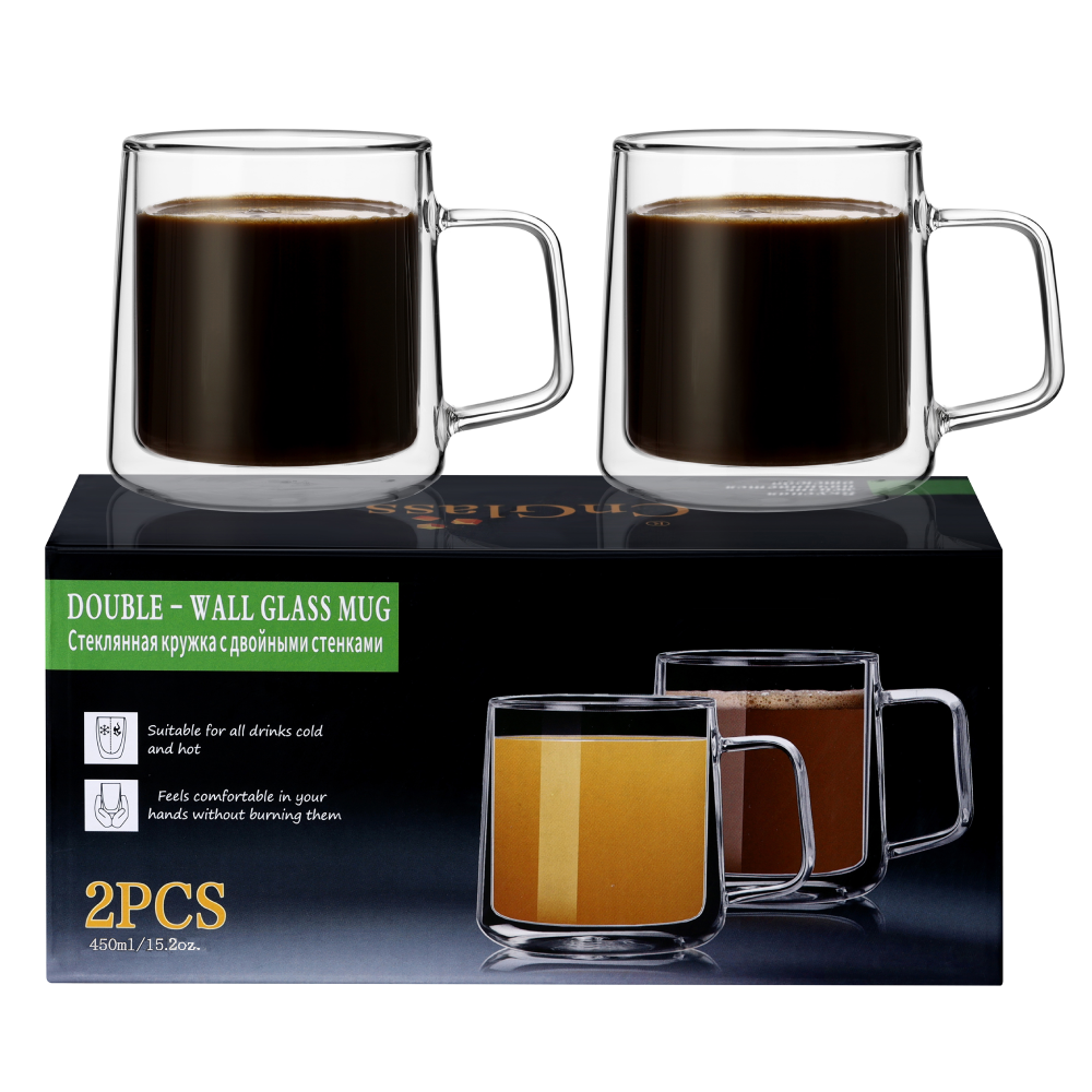 Mixology by MasterPRO - 15.2 Oz Double Wall Borosilicate Glass Coffee Mugs,  Set of 2, 15.2 Ounces