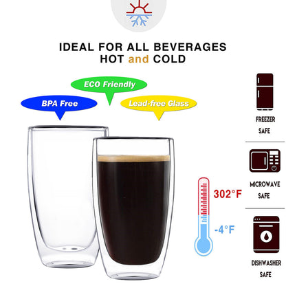 Leichter, 13,5 oz großer, stielloser Trinkbecher, doppelwandiges Glas für alle Getränke, 2 Stück