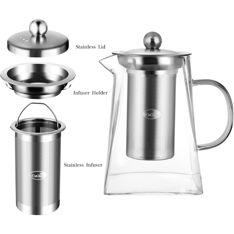 Théière carrée en verre borosilicaté de 24 oz et 31 oz avec infuseur en acier inoxydable