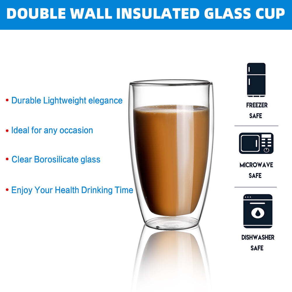 Lightweight 13.5oz Stemless Tumbler Double Walled Glass Cup for All Beverages 2pcs