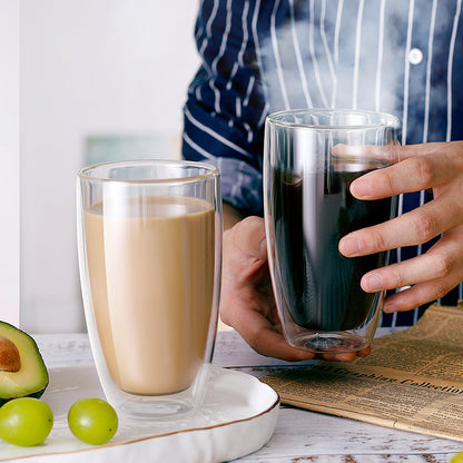 Leichter, 13,5 oz großer, stielloser Trinkbecher, doppelwandiges Glas für alle Getränke, 2 Stück