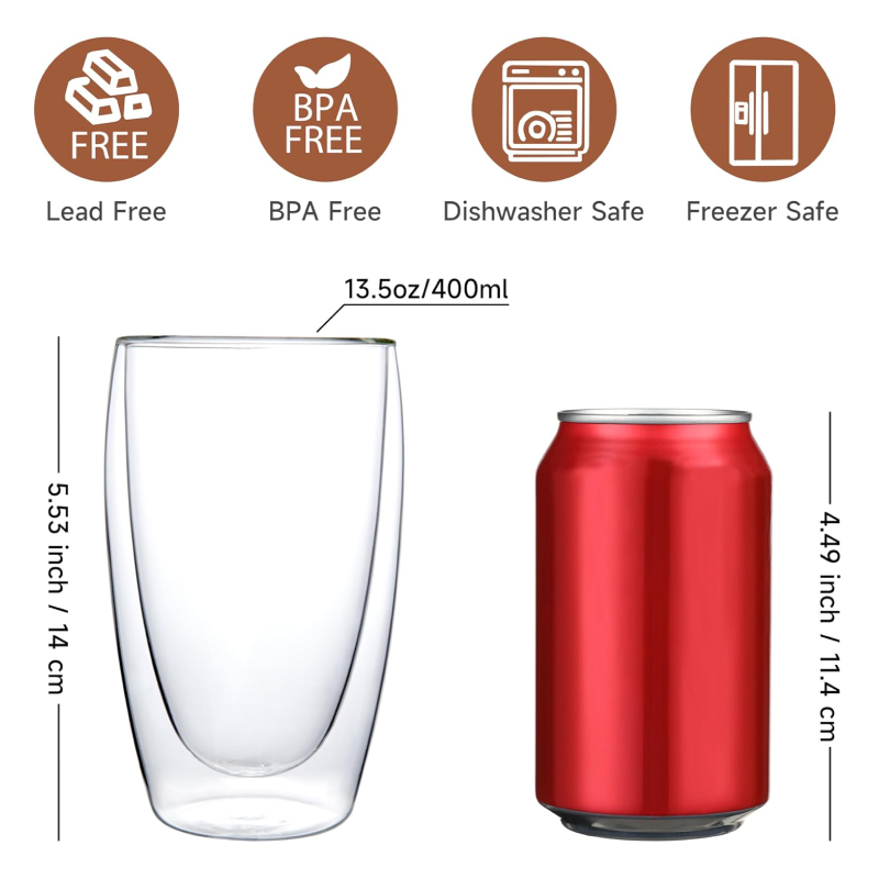 Gobelet léger sans pied de 13,5 oz à double paroi en verre pour toutes les boissons, 2 pièces