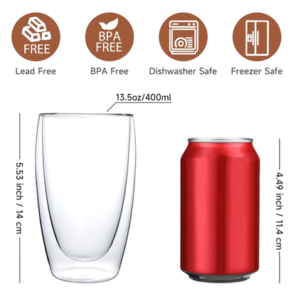 Lightweight 13.5oz Stemless Tumbler Double Walled Glass Cup for All Beverages 2pcs