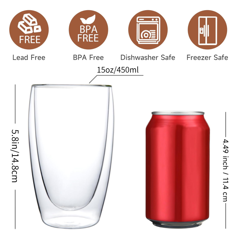 Gobelet sans pied à double paroi en verre borosilicaté allant au micro-ondes de 15 oz