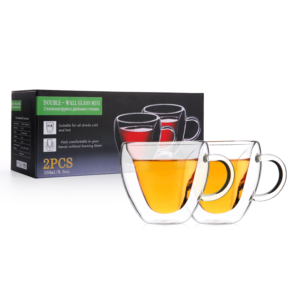 Lot de 2 tasses à thé en forme de cœur en verre transparent de 8,5 oz avec poignée