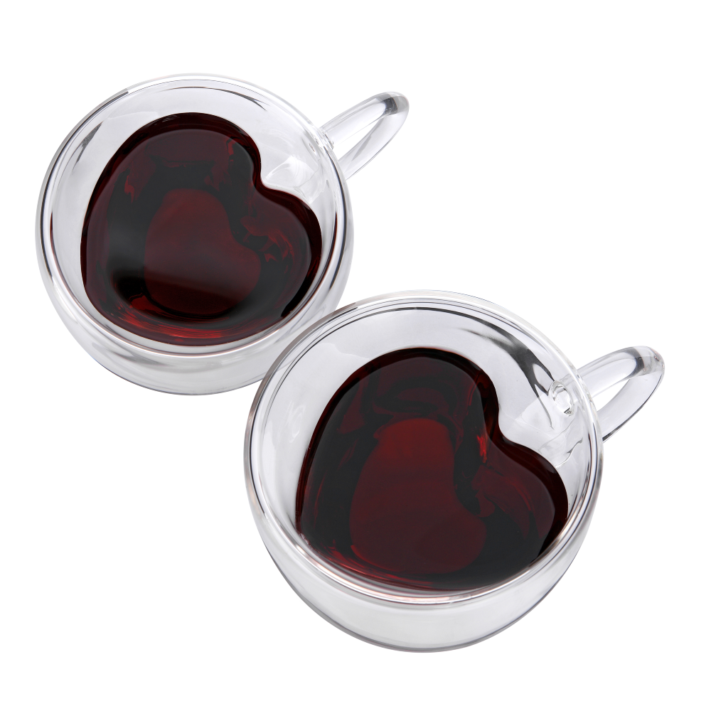 8.5oz Clear Glassware Drinking Heart Shaped Tea Cups with Handle 2 pcs