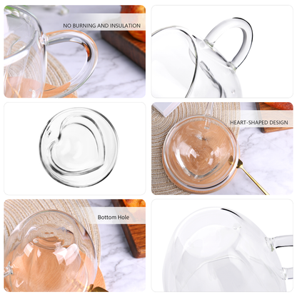 8.5oz Clear Glassware Drinking Heart Shaped Tea Cups with Handle 2 pcs