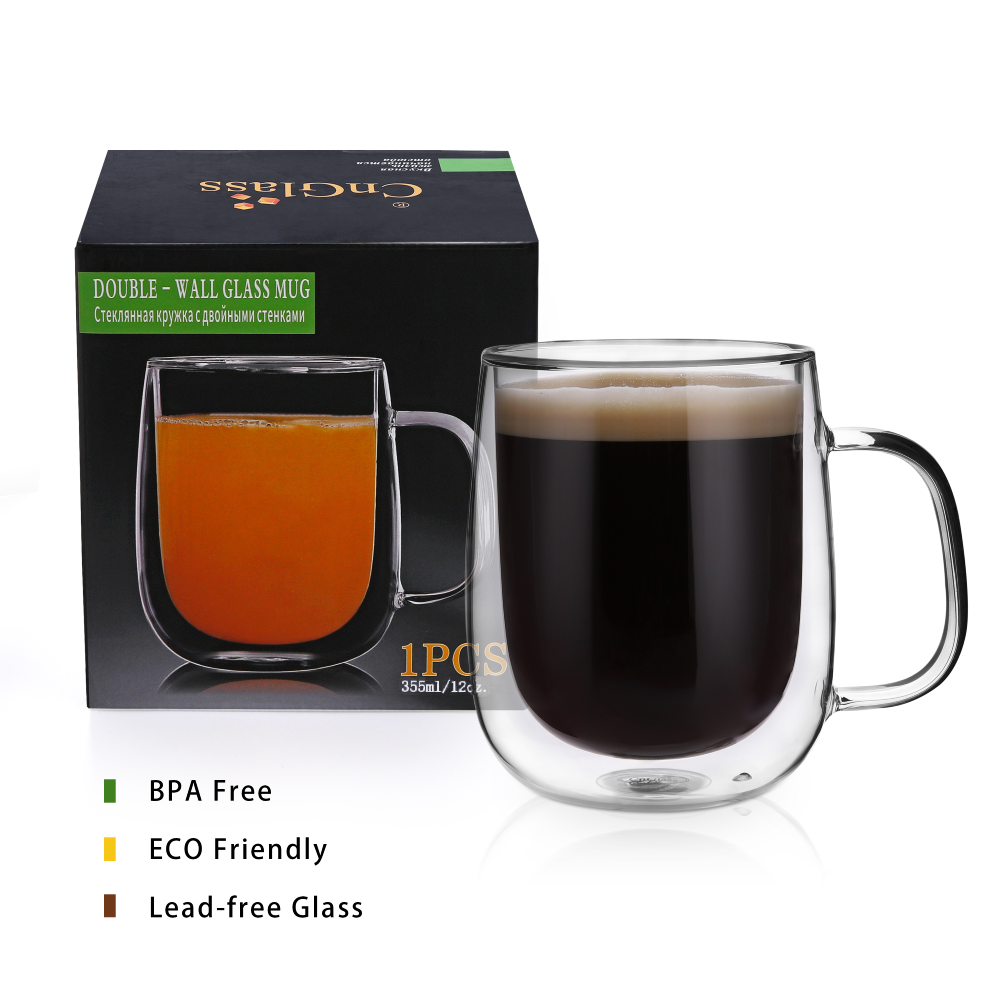 Gobelet à boire en verre de 12 oz, tasse à café à double paroi, 1 pièce