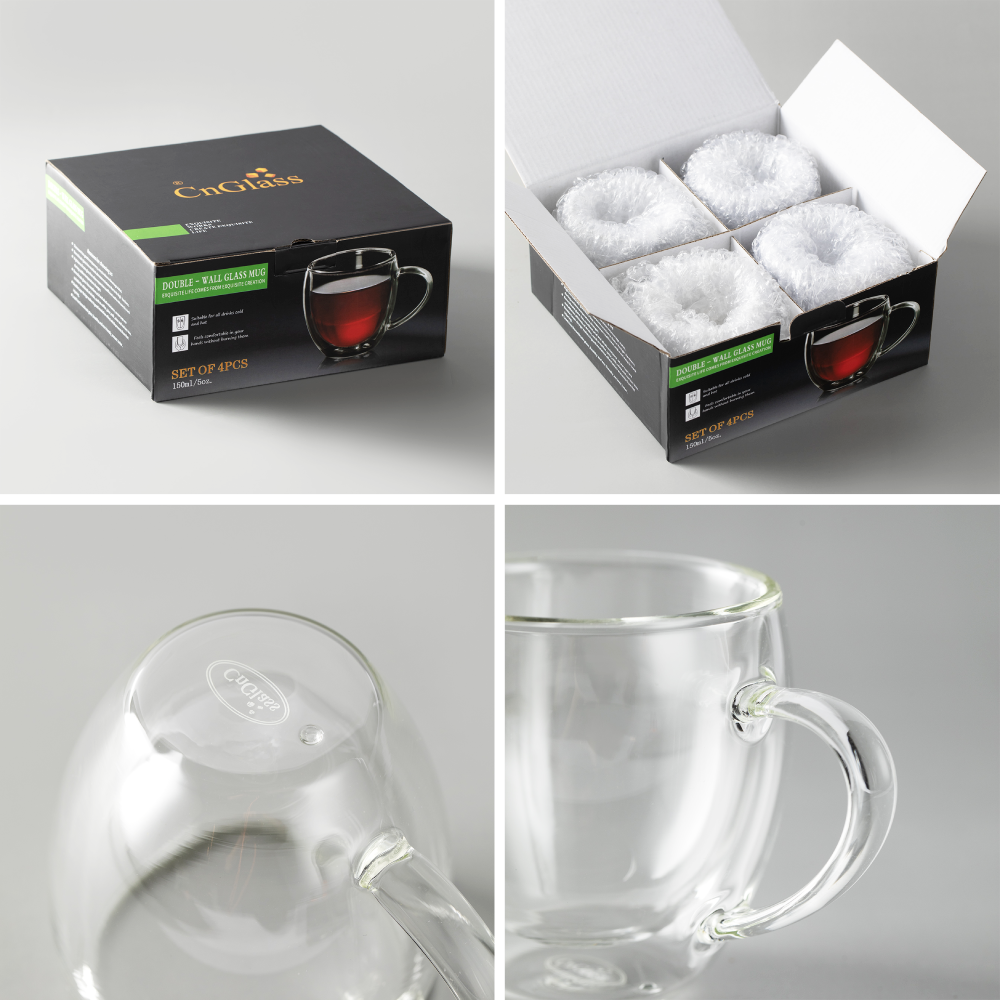 Verrerie artisanale 5,1 oz 150 ml Tasse à eau mignonne Tasse à thé en verre 4 pièces