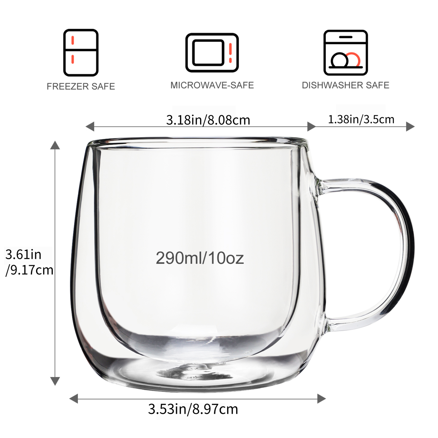 Tasse en verre à double paroi faite à la main de 10 oz pour le café au dessert, 2 pièces