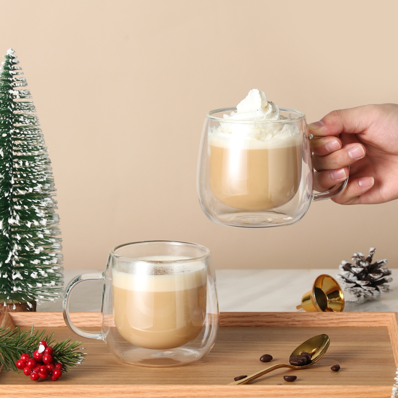 Tasse en verre à double paroi faite à la main de 10 oz pour le café au dessert, 2 pièces