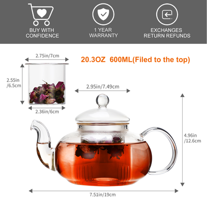 Stovetop Safe 600ml 20.3oz Handmade Infuser Clear Glass Teapot