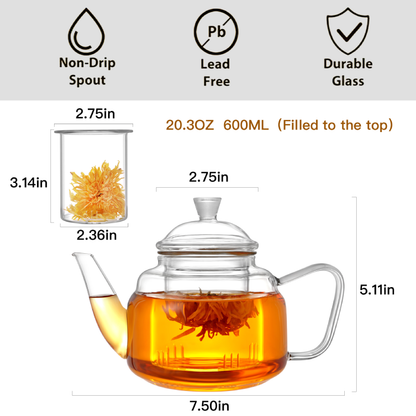 17oz Stovetop Safe Glass Teapot with Removable Filter Spout