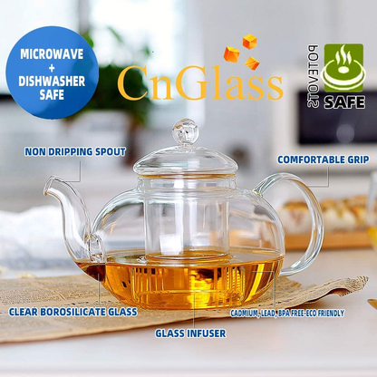 Stovetop Safe 600ml 20.3oz Handmade Infuser Clear Glass Teapot