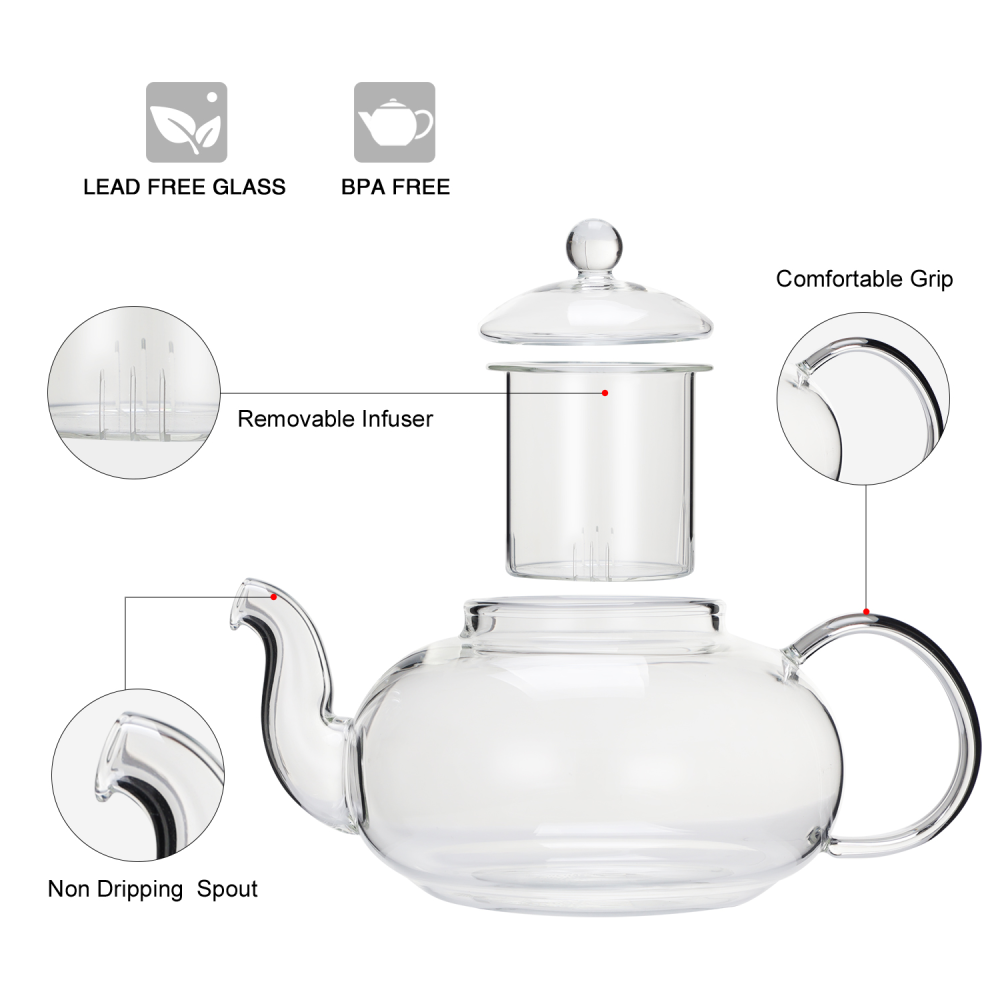 Stovetop Safe 600ml 20.3oz Handmade Infuser Clear Glass Teapot