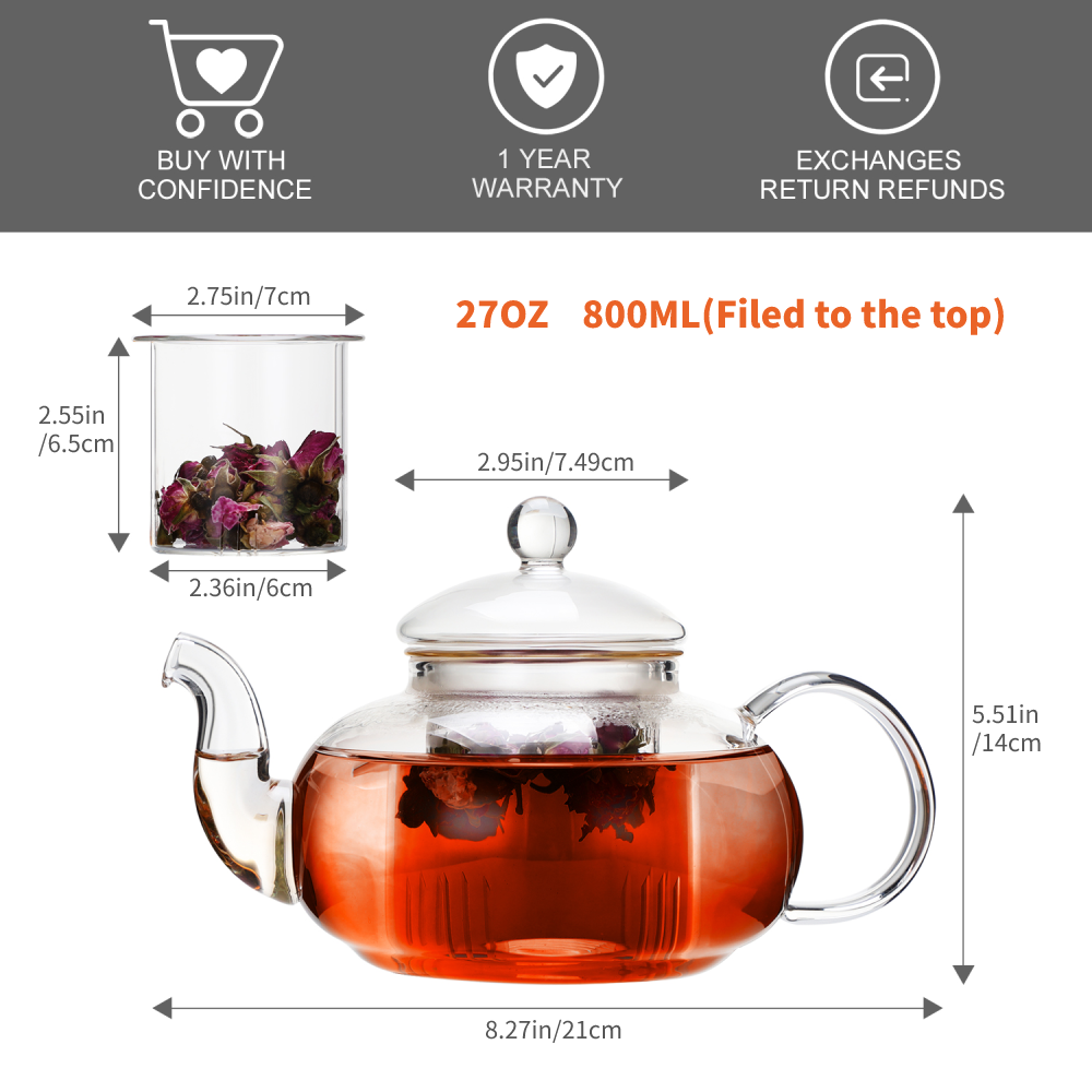 Blooming And Loose Leaf Tea Borosilicate Glass Teapot 800ml 27oz