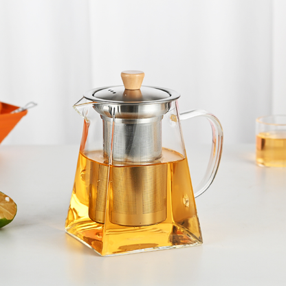 Square Stainless Steel Infuser 24oz Handmade Borosilicate Glass Teapot for Fruit Tea