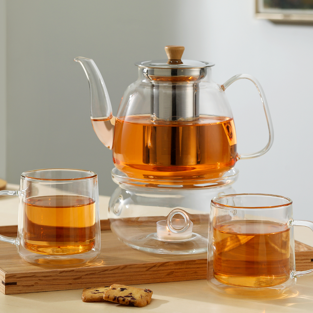 Removable Infuser Clear Tea Kettle 37.5oz Glass Teapot With Wooden Pull Knob Lid