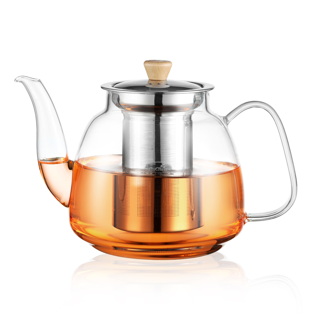 Abnehmbarer Infuser Clear Tea Kettle 31oz Glasteekanne mit hölzernem Zugknopfdeckel