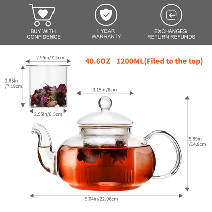 High Borosilicate Glass Teapot 40.6oz 1200ml Filtering Tea Maker