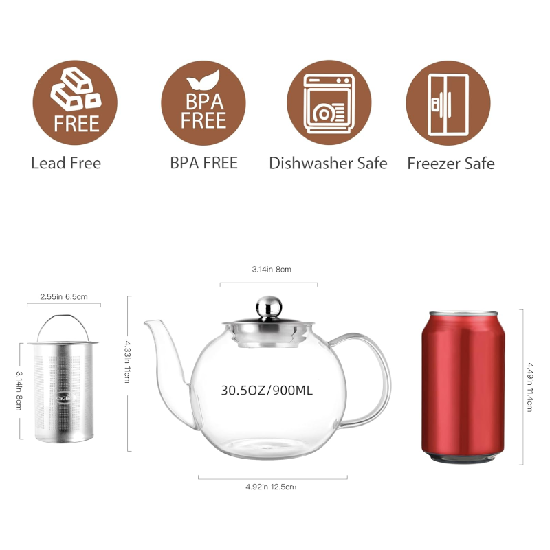 40oz 30.5oz Glass Teapot with Removable 304 Stainless Steel Infuser