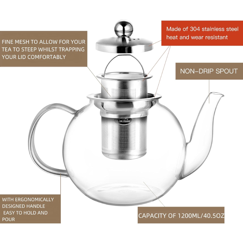 40oz 30.5oz Glass Teapot with Removable 304 Stainless Steel Infuser