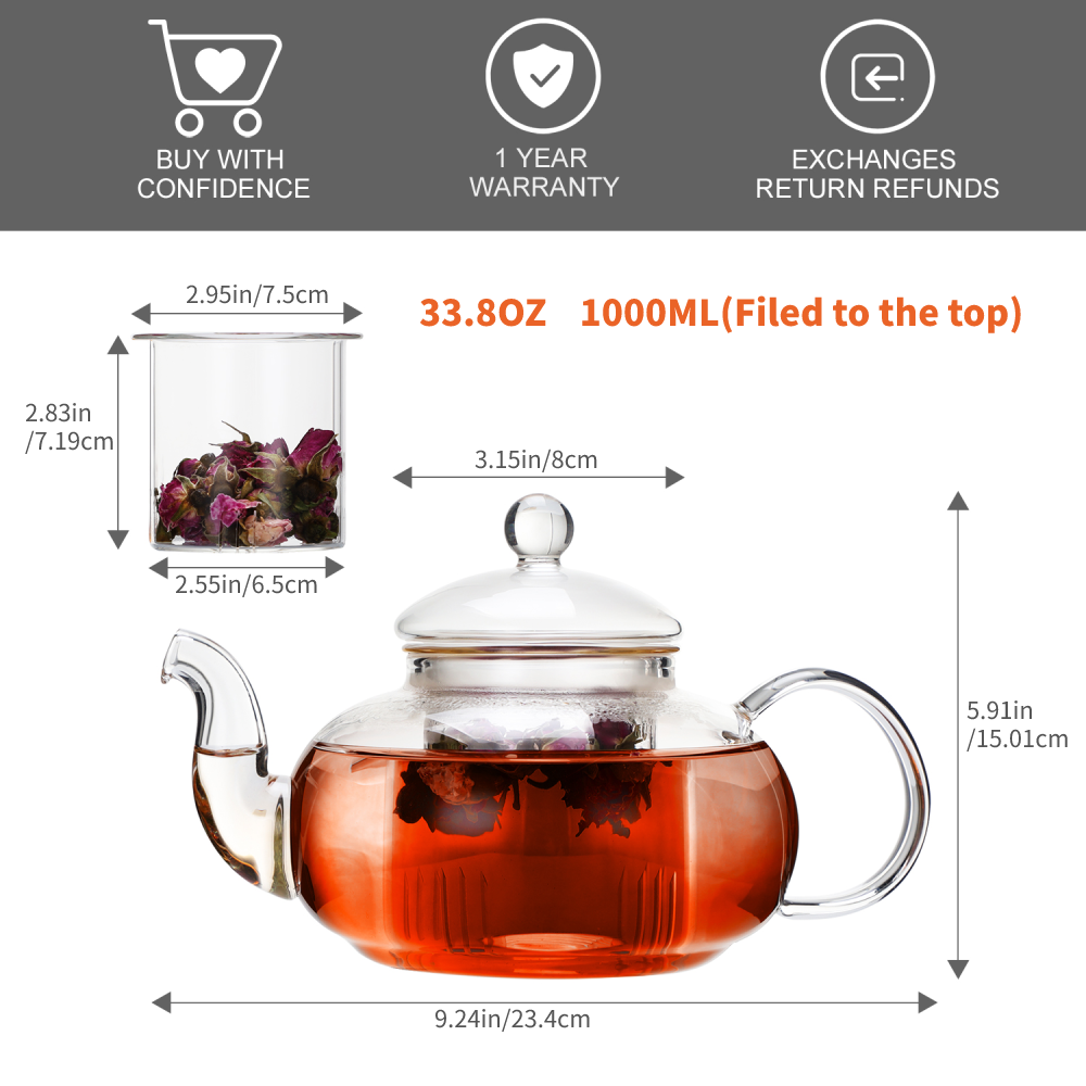 Tea Brewing Borosilicate Glass Teapot with Strainer 33.8oz 1000ml