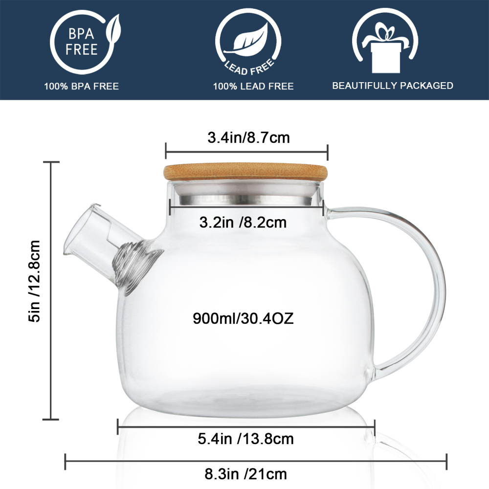 30,4 Unzen herdsichere Teekanne aus Glas mit abnehmbarem Filterausguss