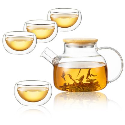 Bamboo Lid Water Pitcher Glass Teapot Tea Cups Set 5 Pcs