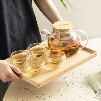 Bamboo Lid Water Pitcher Glass Teapot Tea Cups Set 5 Pcs