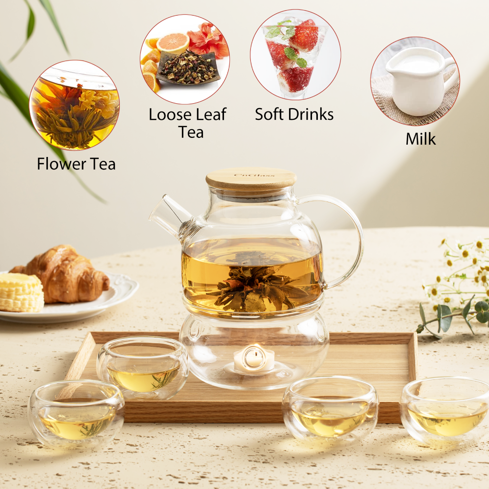 Bamboo Lid Water Pitcher Glass Teapot Tea Cups Set 5 Pcs