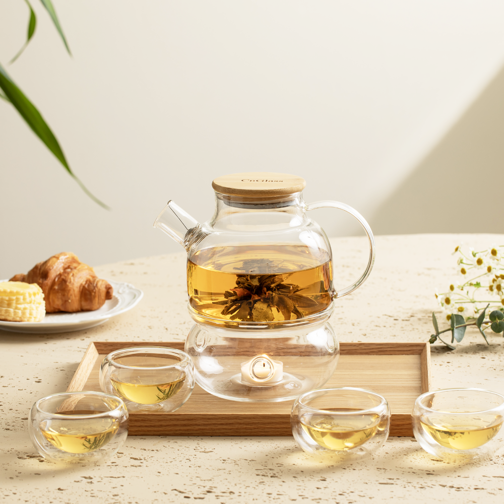 Bamboo Lid Water Pitcher Glass Teapot Tea Cups Set 5 Pcs