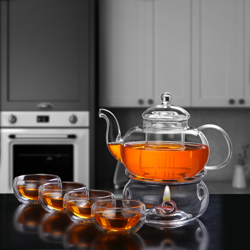 Tea Cups Glass Infuser Teapot and Warmer Set for Tea Lover 6pcs