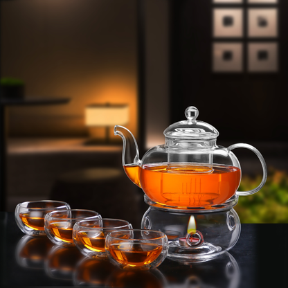 Tea Cups Glass Infuser Teapot and Warmer Set for Tea Lover 6pcs