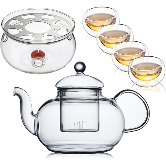 Tea Cups Glass Infuser Teapot and Warmer Set for Tea Lover 6pcs