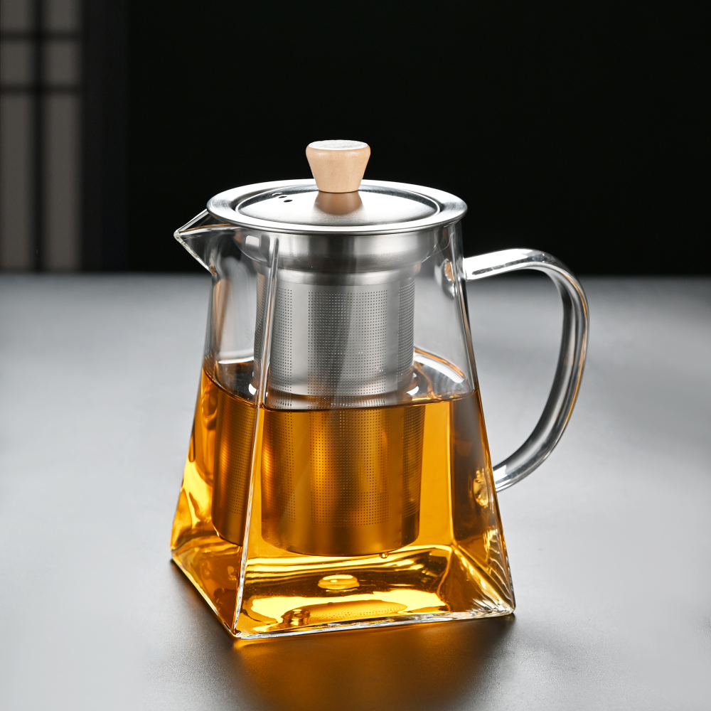 Square Stainless Steel Infuser 24oz Handmade Borosilicate Glass Teapot for Fruit Tea