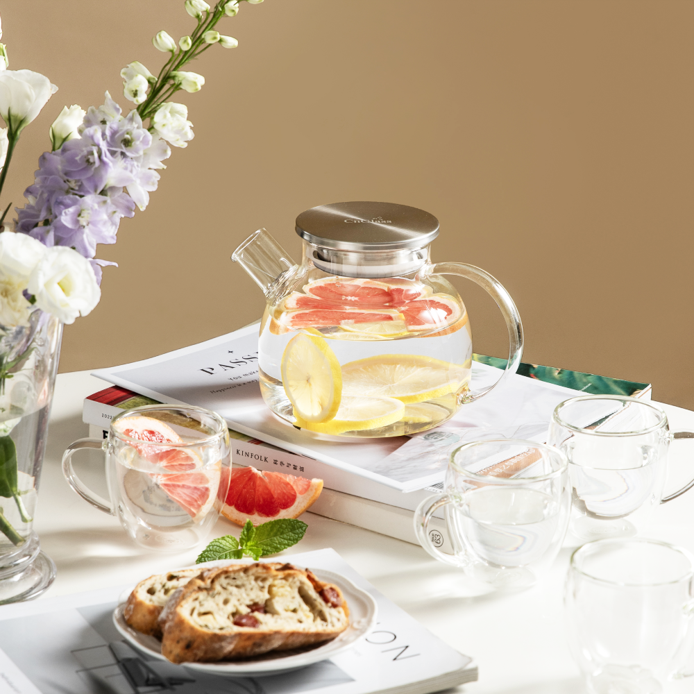 Edelstahldeckel 30,4 Unzen handgefertigte Teekanne aus Glas Wasserkrug für Früchtetee