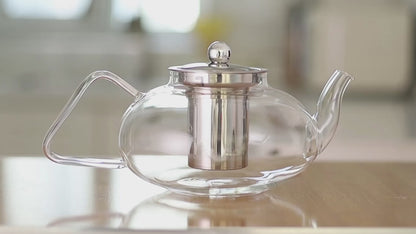 Removable Infuser Non-Drip Spout 40.6oz Clear Glass Teapot with Ergonomic Handle