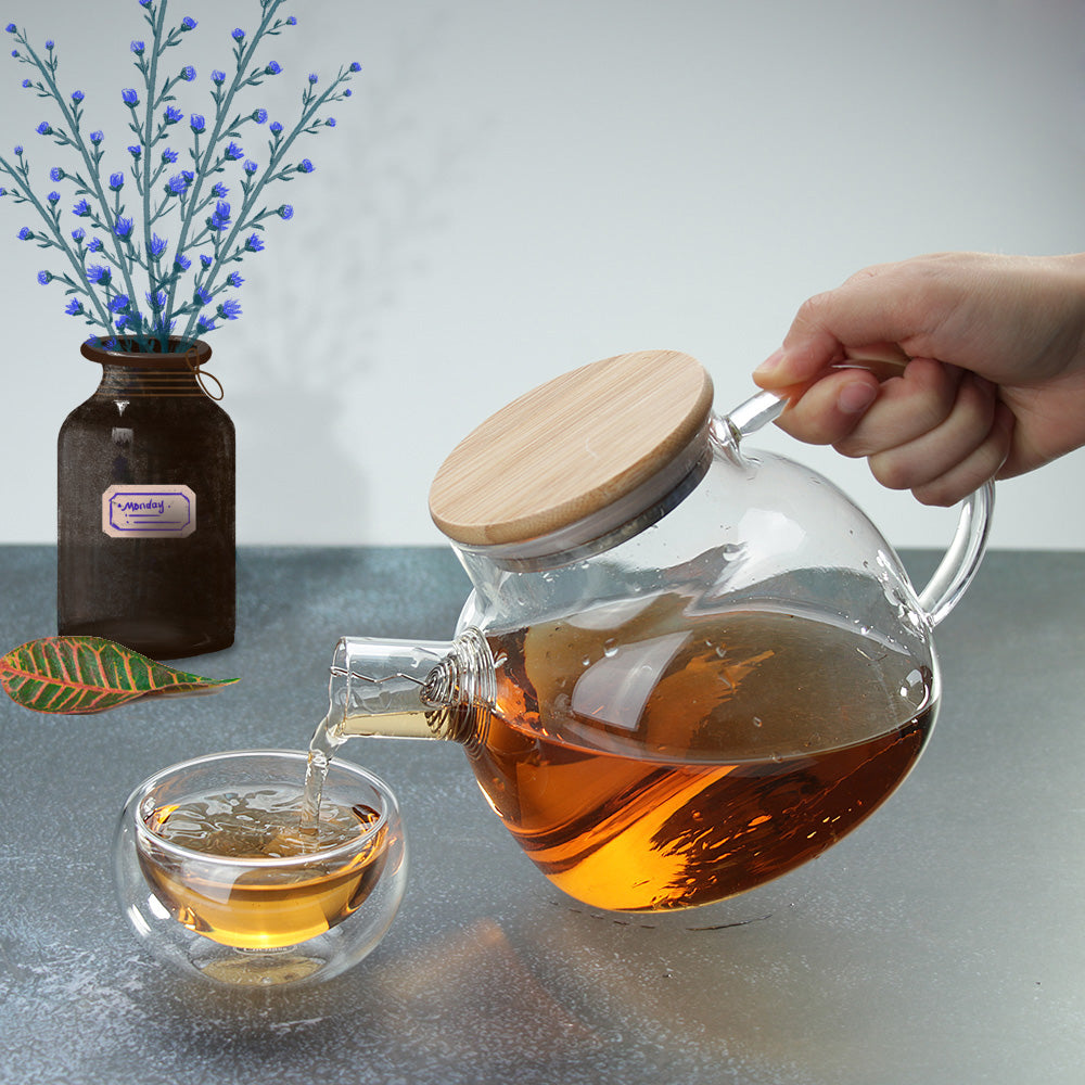 Isolierte Glasteekanne mit Bambusdeckel, Wasserkrug, Teetassen-Set, 5-tlg.