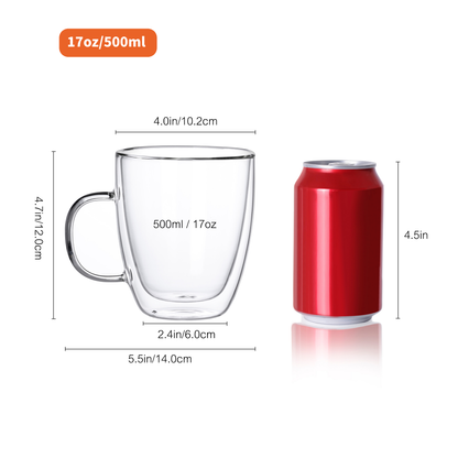 Tasse en verre transparent à double paroi de 17 oz, lavable au lave-vaisselle, avec poignée