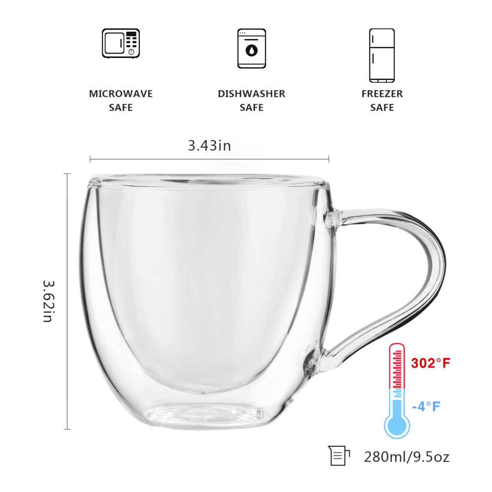 Lot de 2 tasses à thé en verre borosilicate à double couche de 9,5 oz