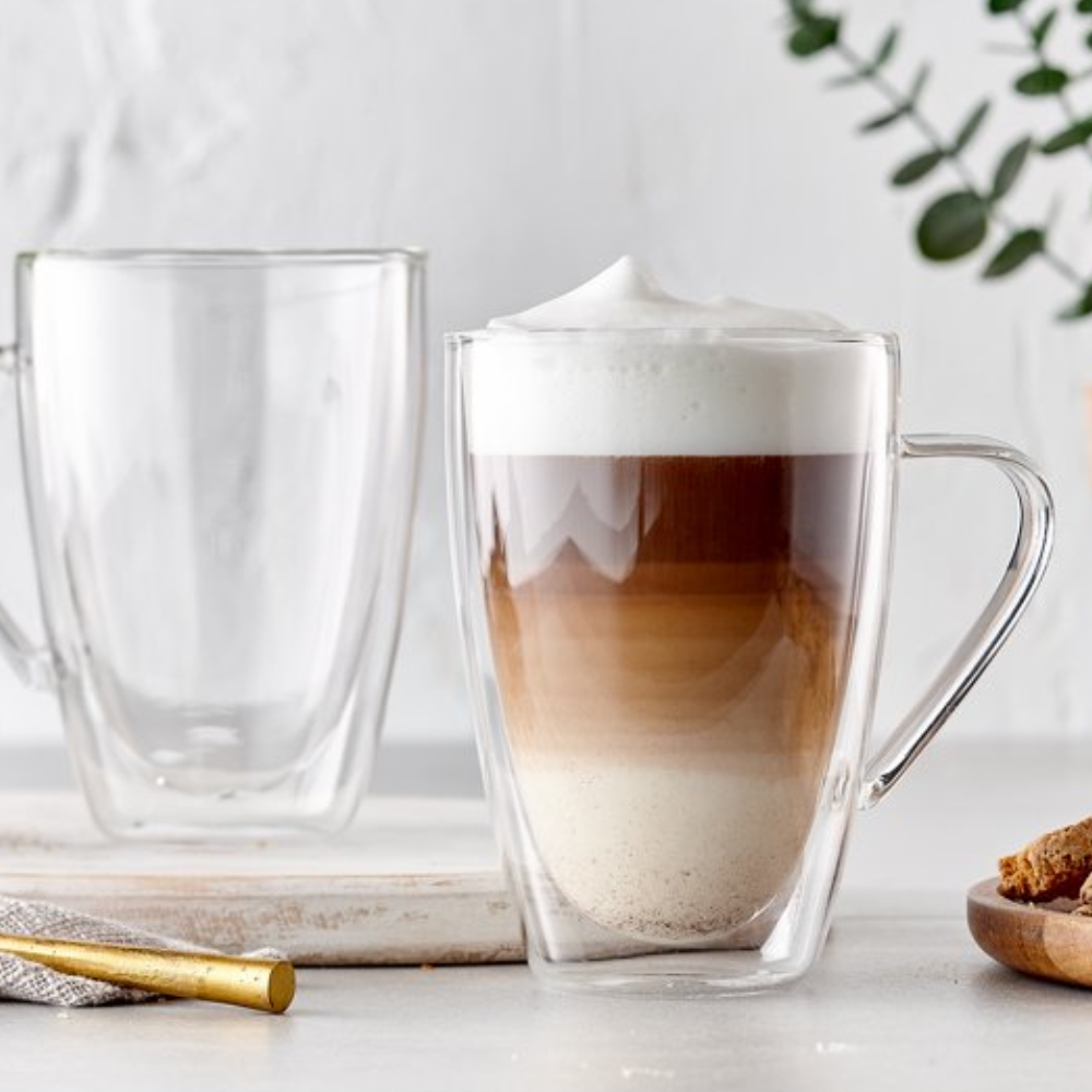 Lot de 2 tasses à boire en verre transparent à double couche de 10,8 oz pour thé au lait