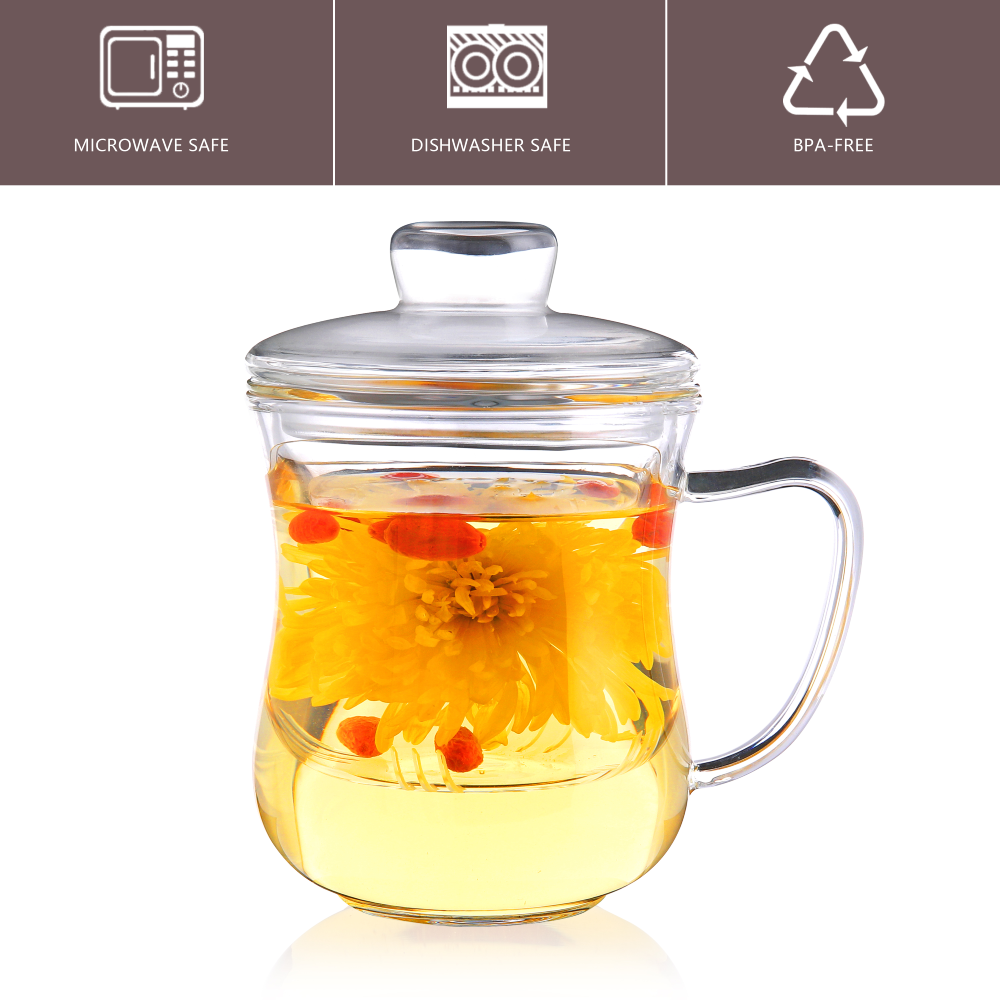 Removable Infuser Thickened 10.1oz Clear Glass Tea Mugs with Glass Lid