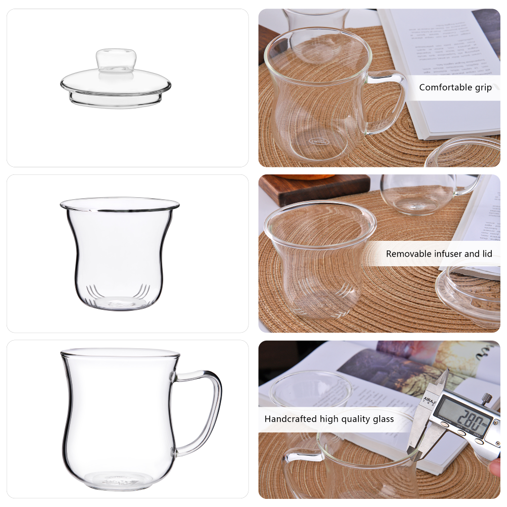 Tasse à thé en verre transparent épais avec infuseur amovible de 10,1 oz avec couvercle en verre