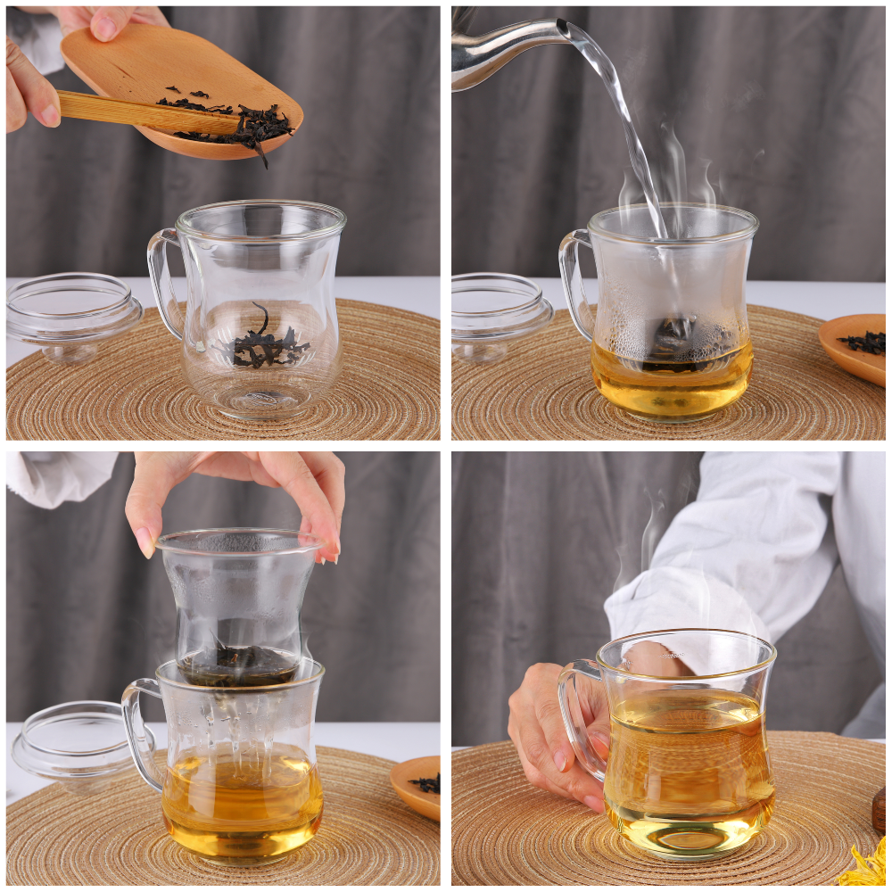 Removable Infuser Thickened 10.1oz Clear Glass Tea Mugs with Glass Lid