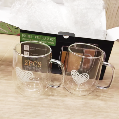 Tasses à café en verre à eau faites à la main à motif de cœur à double couche