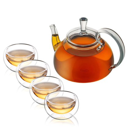 Non Dripping Mouth Ergonomic Large Handle Glass Teapot Cups Set 5 Pcs