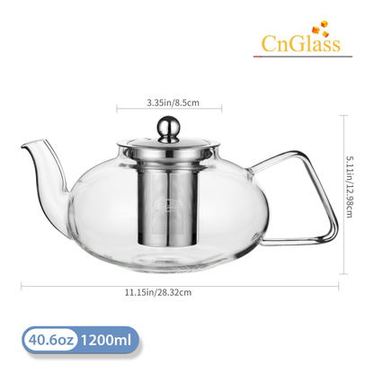 Removable Infuser Non-Drip Spout 40.6oz Clear Glass Teapot with Ergonomic Handle