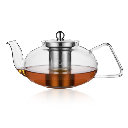 Removable Infuser Non-Drip Spout 40.6oz Clear Glass Teapot with Ergonomic Handle