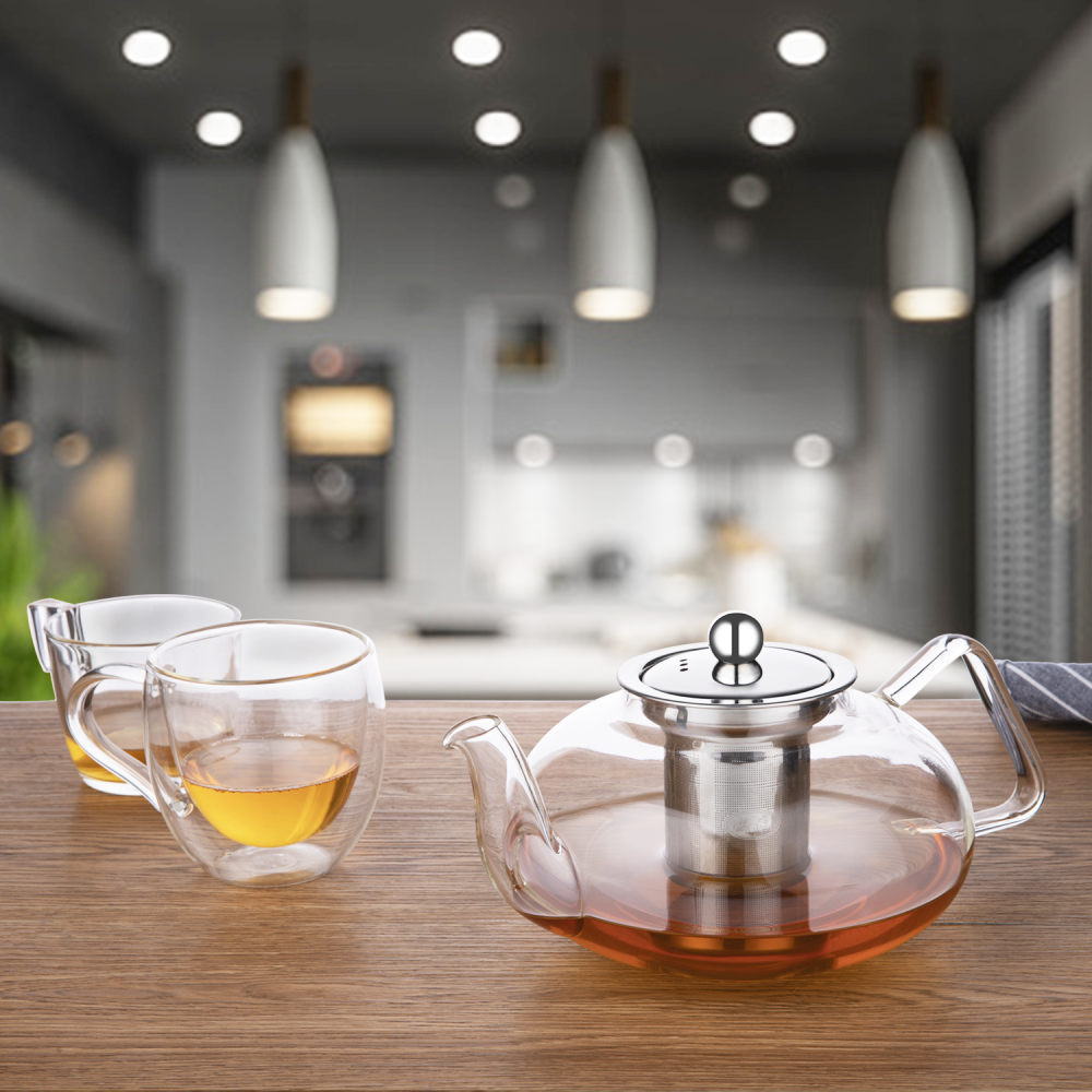 Removable Infuser Non-Drip Spout 40.6oz Clear Glass Teapot with Ergonomic Handle